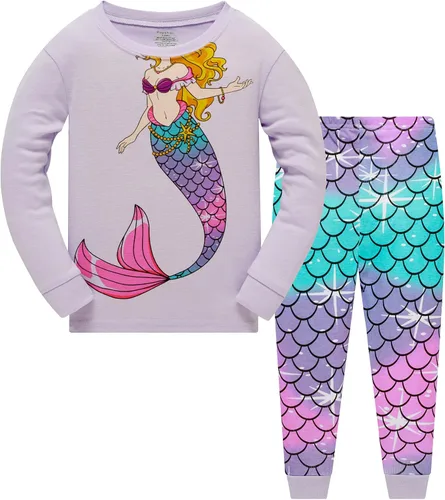 Miniatura 8 de Popshion Pijamas de sirena para niñas pequeñas, juego de 2 piezas, ropa de dormir 100% algodón, ropa para niños, pijamas estilo mariquita