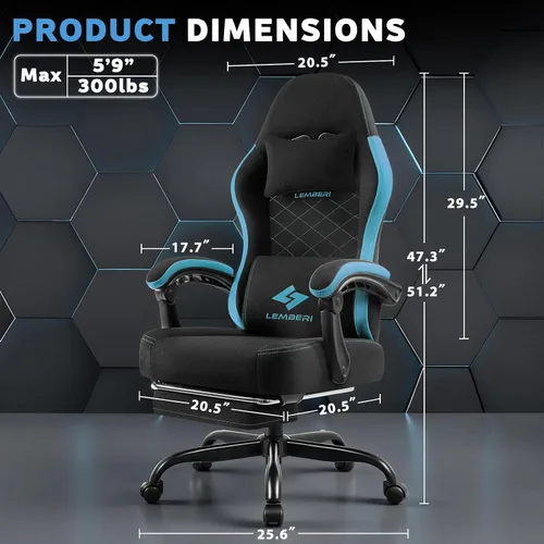 Miniatura 3 de LEMBERI Silla para videojuegos, sillas de videojuegos grandes y altas de tela con reposapiés, soporte lumbar de masaje, silla ergonómica