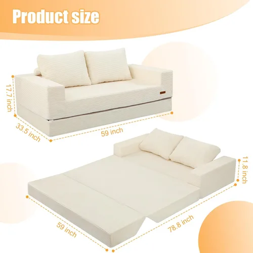 Miniatura 2 de COMAX Sofá Cama Convertible Queen, Sofá de Piso Plegable de Pana Sofá Cama Extraíble Futón Sleeper con Almohadas, Sofá Plegable Sin Estructura