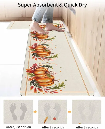 Miniatura 4 de Tapete de baño con acuarela de calabaza, antideslizante, de secado rápido y absorbente, de tierra de diatomeas, para fregadero de cocina, lavable