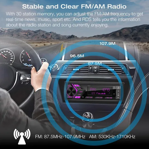 Miniatura 5 de Radio marina estéreo Bluetooth para automóvil: sistema de audio con pantalla LCD de un solo DIN - Reproductor de MP3 multimedia Indash con receptor