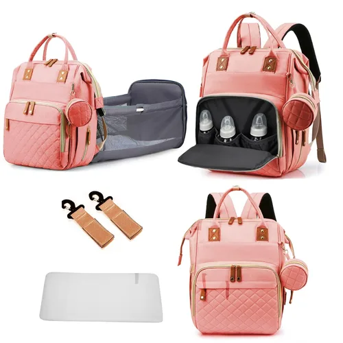 GurZinn Mochila para pañales con cambiador portátil, mochila multifunción 3 en 1, mochila de viaje para mamá, cochecito rosa