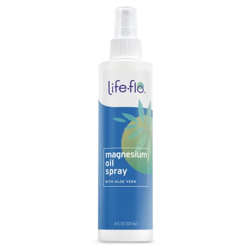 LIFE-FLO Spray de aceite de magnesio con aloe vera orgánico, cloruro de magnesio en aerosol del fondo marino de Zechstein, calma y relaja músculos y