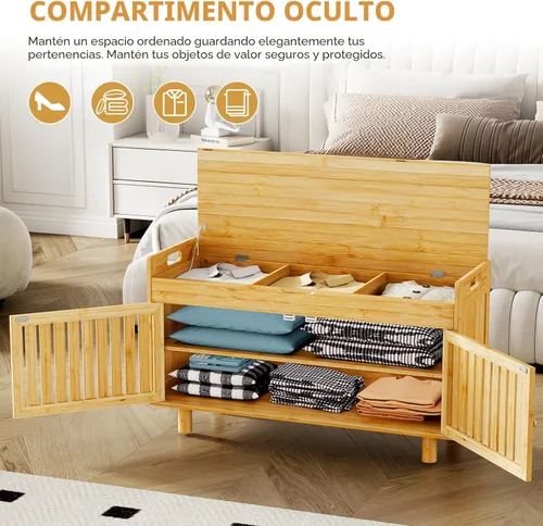 Miniatura 5 de Banco de almacenamiento de zapatos, banco de entrada de bambú con 2 puertas y cojín de asiento acolchado, 35.4" An x 12.6" Pr x 19.7" Al, zapatero