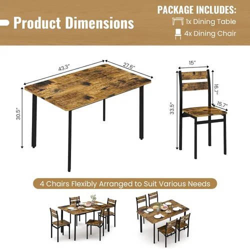 Miniatura 2 de Recaceik Juego de mesa de comedor para 4 sillas de mesa de cocina de madera, juego de mesa de comedor de 5 piezas de granja de 43 pulgadas, juego
