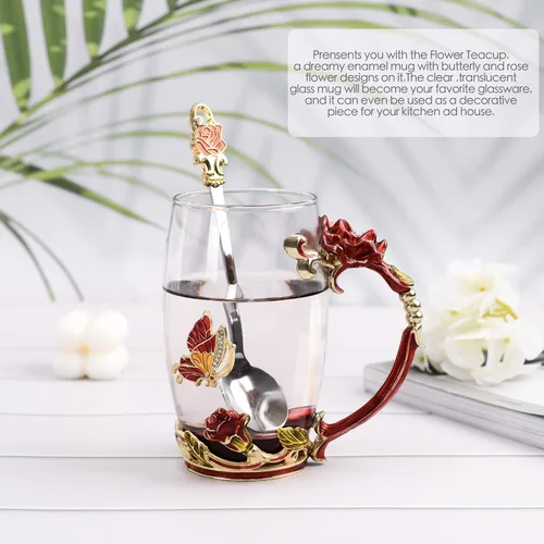 Miniatura 5 de Tazas de café de cristal - Taza de té de mariposa y flor con cuchara y caja, regalos personalizados para mamá, mujeres, esposa y novias (11 onzas)