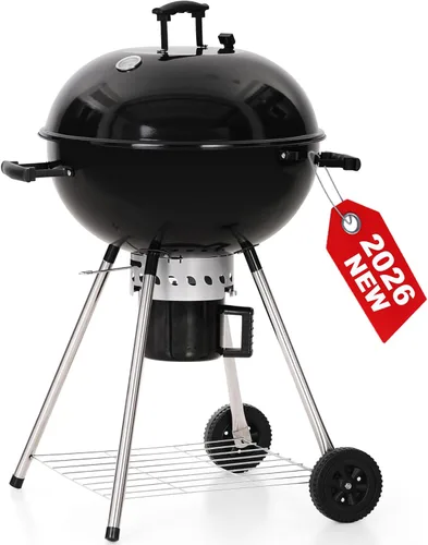 GREEN PARTY Parrilla de Barbacoa de Carbón Kettle de 22 pulgadas con Ruedas, Parrilla de Carbón Portátil con Tapa Esmaltada de Porcelana y