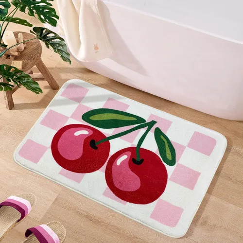 SHIYUE Bonita alfombra de baño de cerezo a cuadros, antideslizante, extra suave, esponjosa, absorbente, de microfibra, divertida decoración de ducha