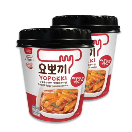Yopokki - Taza instantánea de Tteokbokki (Dulce, Levemente Picante, Paquete de 2) Comida callejera coreana con salsa dulce y moderadamente picante