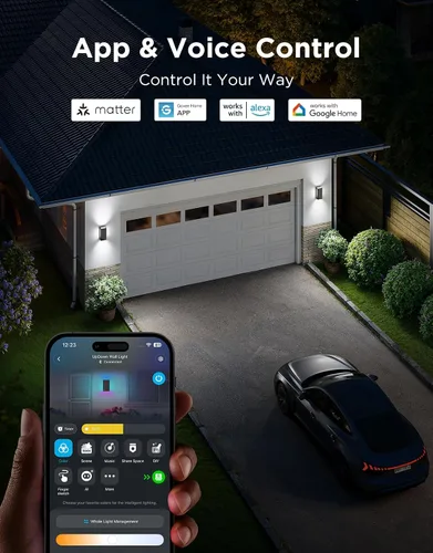 Miniatura 6 de Govee Luz de Pared Exterior Arriba-Abajo, 1 Paquete, 1200LM RGBICWW Luces Inteligentes para Porche Exterior con 64 Modos de Escena, Aplique de Pared