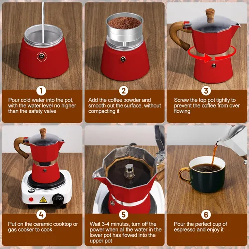 Miniatura 8 de Set de Cafetera Moka 2 en 1 con Estufa Eléctrica de 3 Tazas, Cafetera de Café de Aluminio para Cocina, Percolador Clásico Italiano para Café Mocha