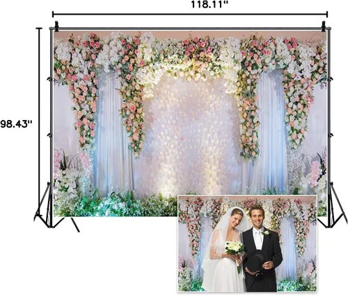 Miniatura 5 de Telón de fondo floral de boda de 10 x 8 pies, cortina de escenario blanco de rosa rosa para fotografía de despedida de soltera, boda, fiesta