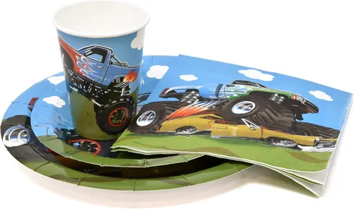 Miniatura 2 de Gift Boutique Juego de 122 piezas de suministros para fiesta de cumpleaños de Monster Truck Juego de platos de papel, vasos, servilletas para niños