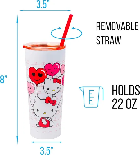 Miniatura 2 de Silver Buffalo Hello Kitty Globos de Corazón Vaso Térmico de Acero Inoxidable de Doble Pared con Pajilla, 22 Onzas Globos de corazón de Hello Kitty