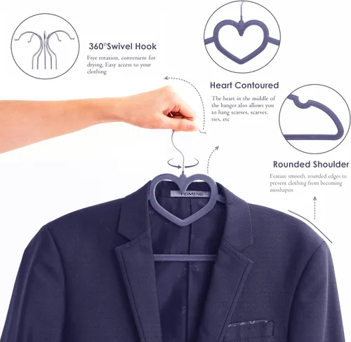Miniatura 3 de Paquete de 50 perchas de terciopelo gris, perchas antideslizantes de 16 pulgadas para adultos, colgador de ropa delgado con gancho giratorio de 360
