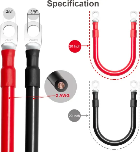 Miniatura 2 de Cables de batería de 2 AWG, juego de cables de inversor de batería marina de calibre 2 de 20 pulgadas con terminales de orejetas de 3/8