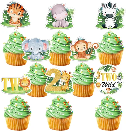 Weecent 48 adornos para cupcakes salvajes, dos decoraciones de cumpleaños salvajes para niños, decoración de tartas de animales de la selva, Dos