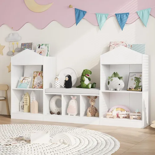 Miniatura 4 de MHOM Estantería infantil de 68.9 pulgadas con rincón de lectura, organizador de almacenamiento de juguetes con cojín de asiento y 7 cubos de Blanco