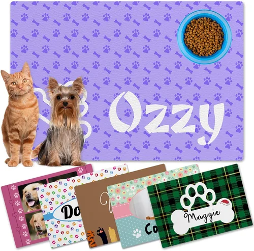 Miniatura 12 de Alfombrillas personalizadas de piel sintética para comida y agua, antideslizante e impermeable para nombre/foto, tapete personalizado