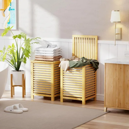 Miniatura 2 de SMIBUY Cesta de lavandería doble con tapa, cesta de lavandería de bambú de 120L con bolsa interior extraíble, clasificador de ropa de 2 secciones