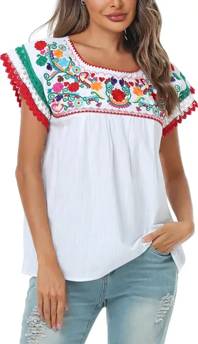 YZXDORWJ Blusa tradicional colorida con encaje bordado mexicano para mujer, camiseta tricolor para el día de la independencia mexicana