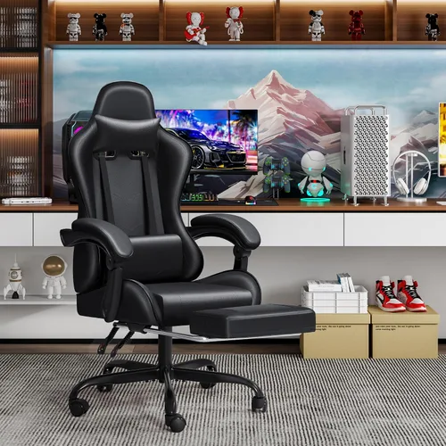 Miniatura 2 de JUMMICO Silla ergonómica para videojuegos con reposapiés y soporte lumbar de masaje, silla de videojuegos de altura ajustable con asiento giratorio