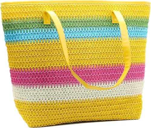 Miniatura 15 de Bolso grande de paja para mujer, tejido de ratán, bolso de playa de verano, a rayas