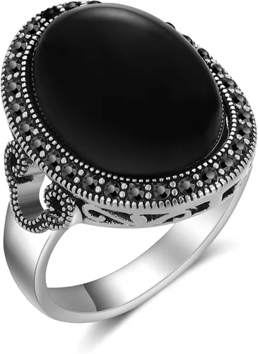 Anillo retro vintage de cóctel con marcasita negra y cristales para mujer, anillo de plata antigua con piedra de ónix negro grande
