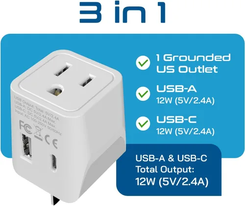 Miniatura 9 de Ceptics Adaptador de viaje para Australia, Nueva Zelanda y China, entrada USB dual, ultracompacto, de Estados Unidos a tipo I, perfecto para Blanco
