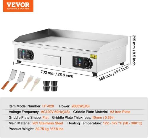 Miniatura 7 de VEVOR Plancha Eléctrica Comercial, Parrilla Plana de Encimera de 2800W, Temperatura Ajustable de 122℉-572℉, Parrilla de Acero Inoxidable de 29