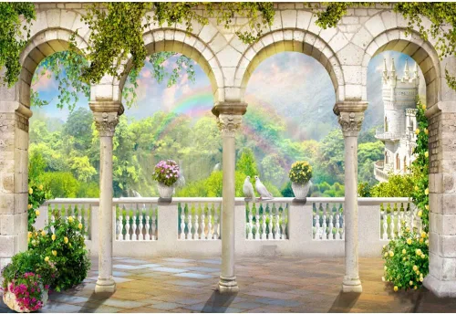 Telón de fondo de fotografía de paisaje de 5 x 3 pies para jardín, puerta arqueada, boda, Birdal, fiesta temática comprometida, telón de fondo de