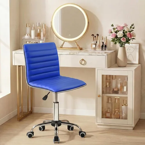 JUMMICO Silla de oficina de tocador sin brazos con ruedas, pequeña y bonita silla de escritorio de maquillaje de cuero acanalado giratoria para Azul