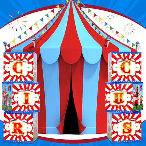 Miniatura 3 de Yexiya Decoraciones de fiesta temática de circo de carnaval, 6 unidades, cajas grandes de recuerdos de fiesta de circo, bloques de decoraciones