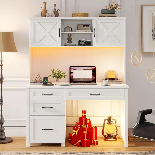 Miniatura 19 de Escritorio ejecutivo Farmhouse de 67" de altura con estante superior, escritorio de oficina con 4 cajones y luz LED, mesa de computadora con Gris