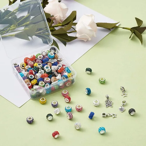 Miniatura 5 de Craftdady 150 cuentas europeas de arcilla polimérica con agujeros grandes, cuentas espaciadoras de diamantes de imitación, 15 colores con 6