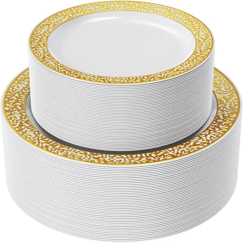 FOCUSLINE Juego de 102 platos de plástico dorados desechables con encaje dorado, 51 platos llanos de 10.25 pulgadas y 51 platos de ensalada de