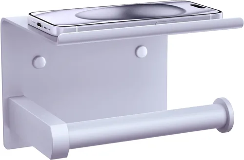 Miniatura 11 de Tindbea Soporte de papel higiénico con estante para teléfono, soporte de pared adhesivo o con tornillos, soporte de rollo de papel higiénico
