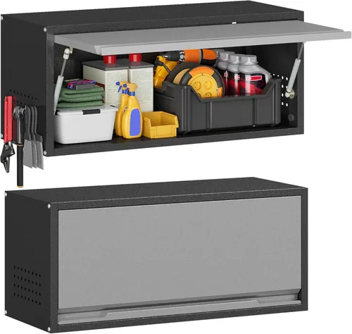 Miniatura 10 de Armario de pared de garaje de metal con puerta abatible hacia arriba, cabenit de herramientas flotante negro con estante ajustable, armarios