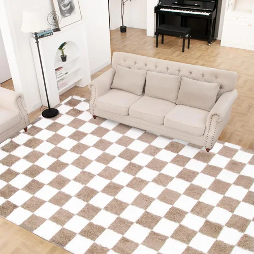 Miniatura 30 de Alfombra de área súper suave en blanco y negro, de 5 x 7 pies, alfombra clásica a cuadros de pelo alto mullida para dormitorio, sala de estar, Negro