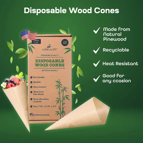 Miniatura 4 de rebEarth Conos de madera desechables – Conos resistentes al calor para charcutería, aperitivos y aperitivos – Conos de madera de pino