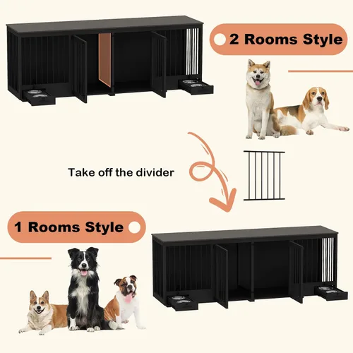 Miniatura 3 de Mueble estilo jaula para perros grande para 2 perros, perrera de madera resistente de 86.6" con cajones y divisor para comedero de perros, perrera