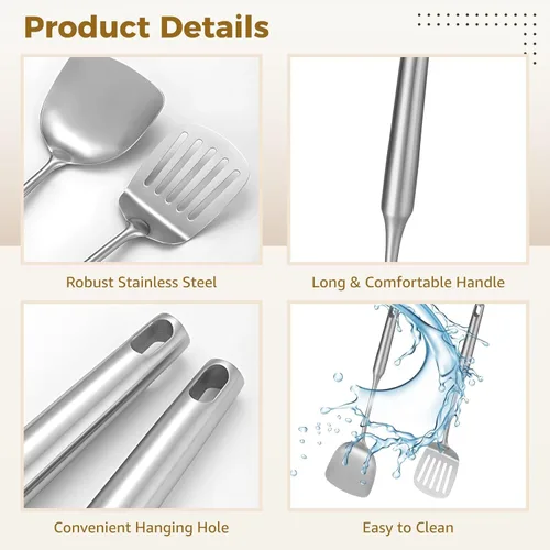 Miniatura 3 de 9 utensilios de cocina de acero inoxidable, utensilios de cocina con mango largo y agujero para colgar, desnatador, cucharón, espátula, cuchara