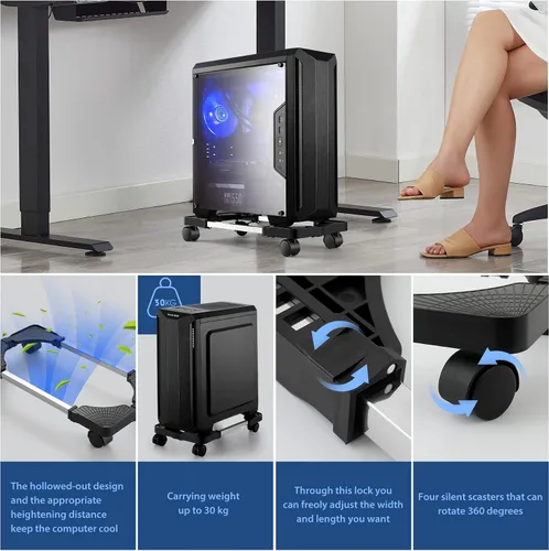 Miniatura 5 de Soporte de torre de computadora, Soporte de CPU móvil ajustable de Hmseng con 4 ruedas giratorias, Soporte de torre de PC para la mayoría de PC Negro