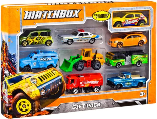 Matchbox Paquete de 9 autos de juguete fundidos a presión a escala 1:64, camiones de construcción o basura, vehículos de rescate o aviones (los