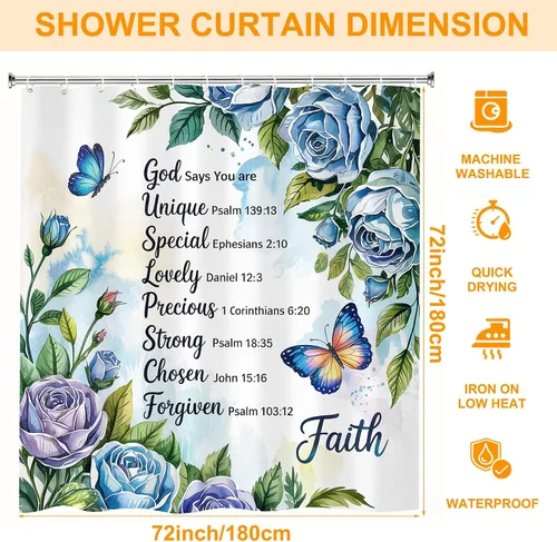 Miniatura 2 de Cortina de ducha con versículo bíblico con cita inspiradora, cortinas de ducha cristianas azules florales para bañera, decoración del hogar, tela