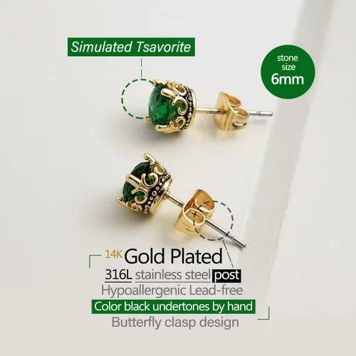 Miniatura 2 de Aretes negros y dorados para hombres y mujeres, con corona retro, hipoalergénicos, de acero inoxidable, con circonita cúbica