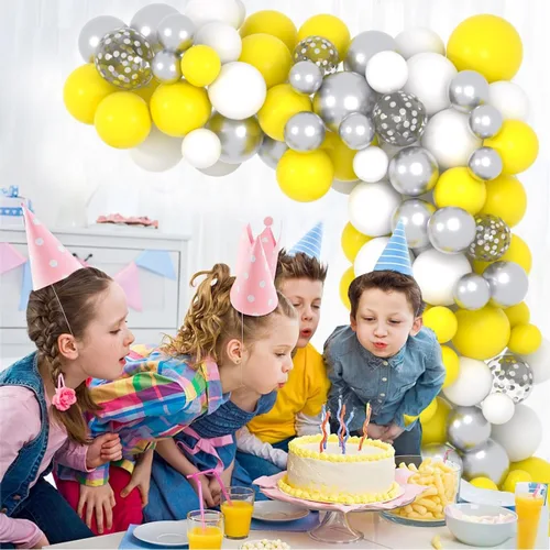Miniatura 6 de Kit de guirnalda de globos amarillos y blancos, 122 globos blancos y amarillos, globos de confeti plateados metálicos para parrillas de limón