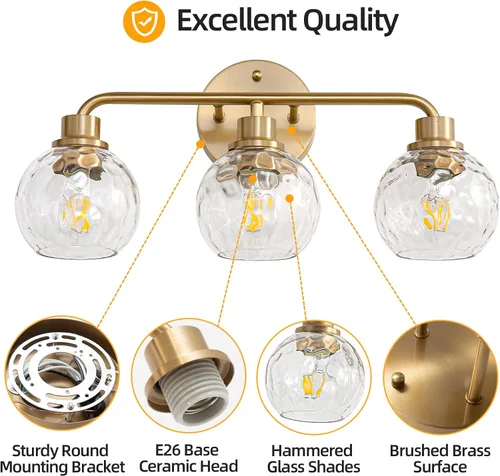 Miniatura 7 de Lámparas de baño doradas para tocador, 3 luces, apliques de pared, luces de latón cepillado con pantalla de vidrio martillado, lámpara de pared