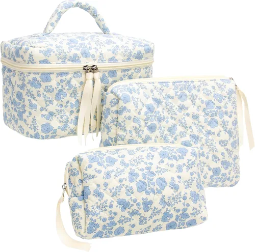 Miniatura 12 de PAZIMIIK - Bolsa de maquillaje de algodón para mujer, grande, acolchada para viaje, Rosa (Bow Pink), Vintage