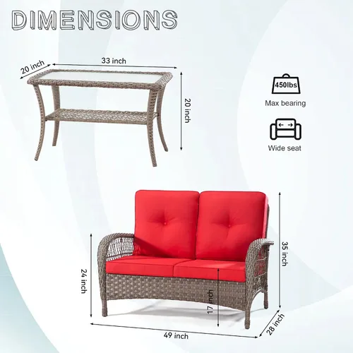 Miniatura 2 de Joyside Juego de muebles de mimbre para patio, juego de conversación de 2 piezas con un asiento de amor y una mesa de café, sofá y mesa de ratán